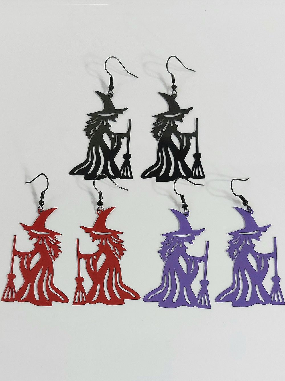 Witch Silhouette Dangle Earrings - Black, Red, Purple